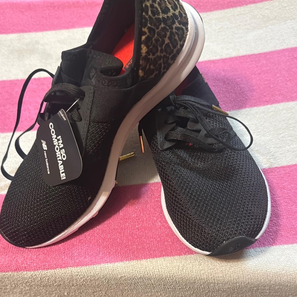 New Balance Black and Leopard Sneakers with Mesh Upper and Cushioning